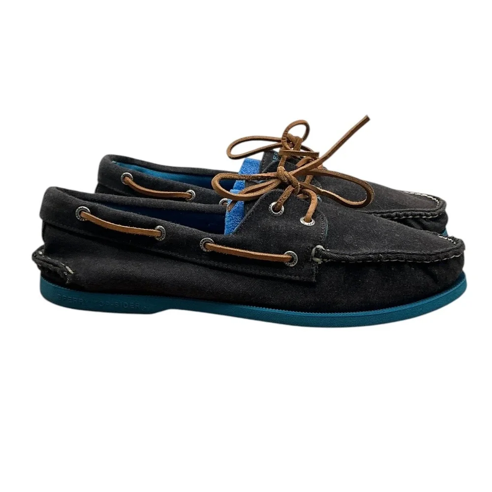 Sperry Top-Sider Mens 12M Black Fabric Boat Shoes Turquoise Sole 1049265 Loafers